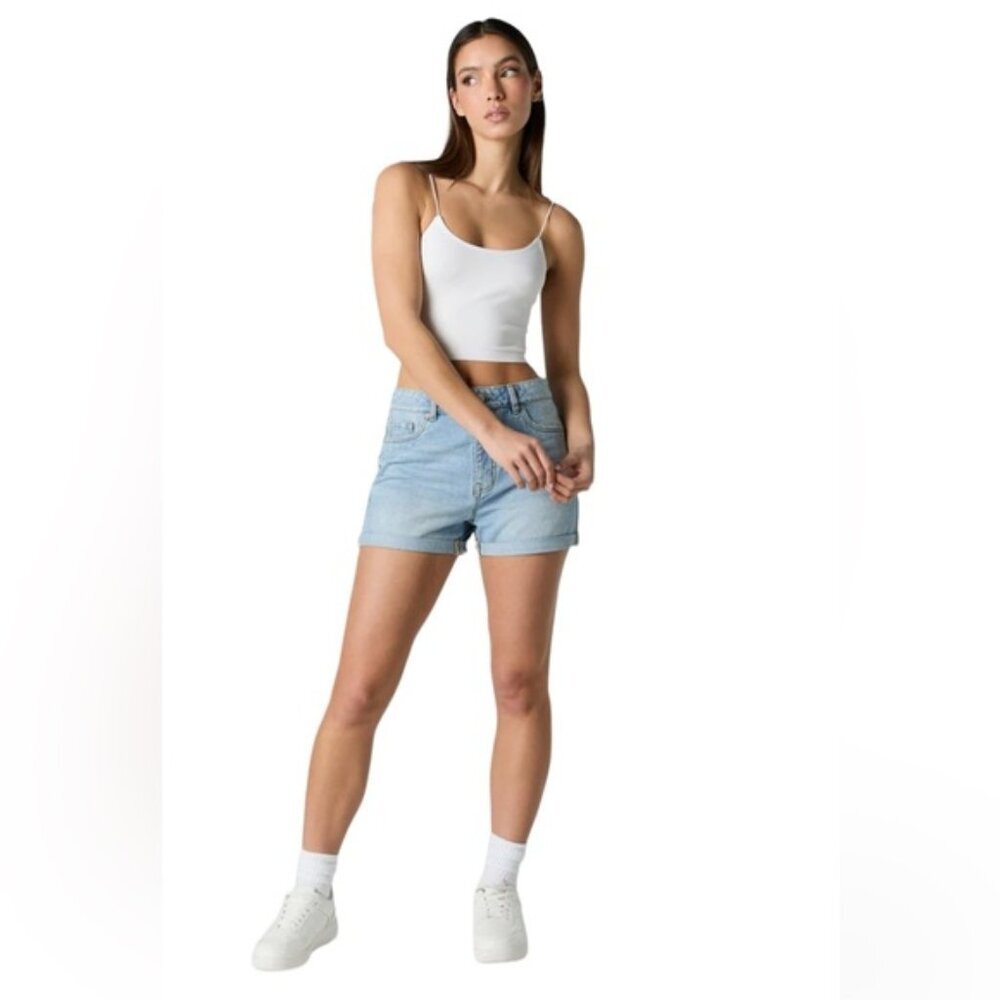 REFUGE Jean Mom High Waist Denim Shors Rolled Hem Zip Summer Boho Cotton Blue 25